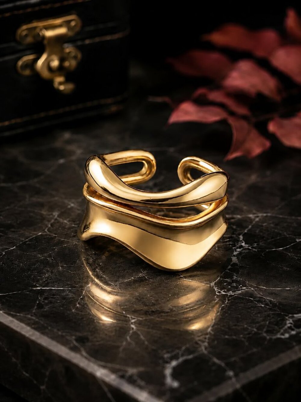 18K Gold Plated Stainless Steel Sculptural Molten Wave Open Band Ring Adj 7-9